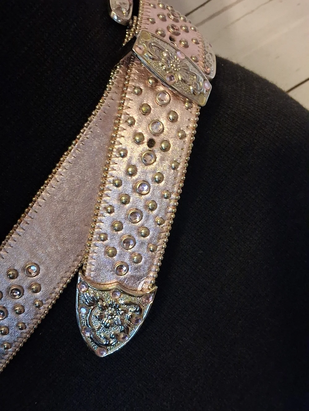 Studded Metallic Rosegold Pink Western Belt with Ornate Buckle 29 To 33 Inches